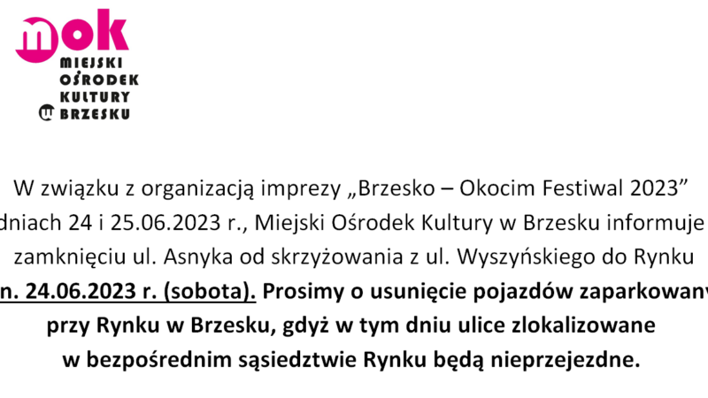 Prośba o usunięcie pojazdów zaparkowanych przy Rynku w Brzesku